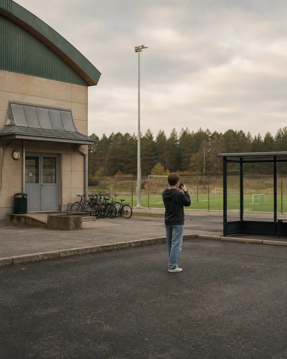 En ungdom fotograferer et gjenkjennelig hentested ved en norsk idrettsplass